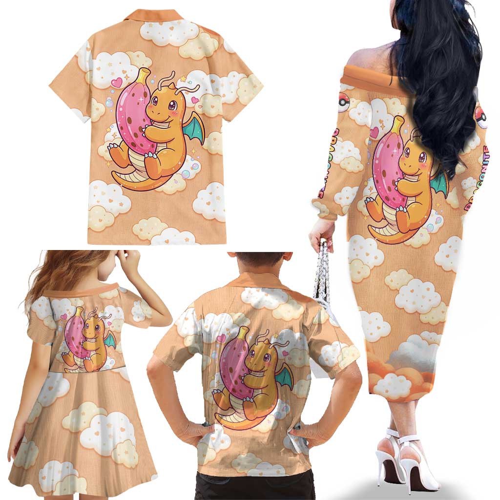 Dragonite Family Matching Off The Shoulder Long Sleeve Dress and Hawaiian Shirt Whimsical Pastel Cloud Art