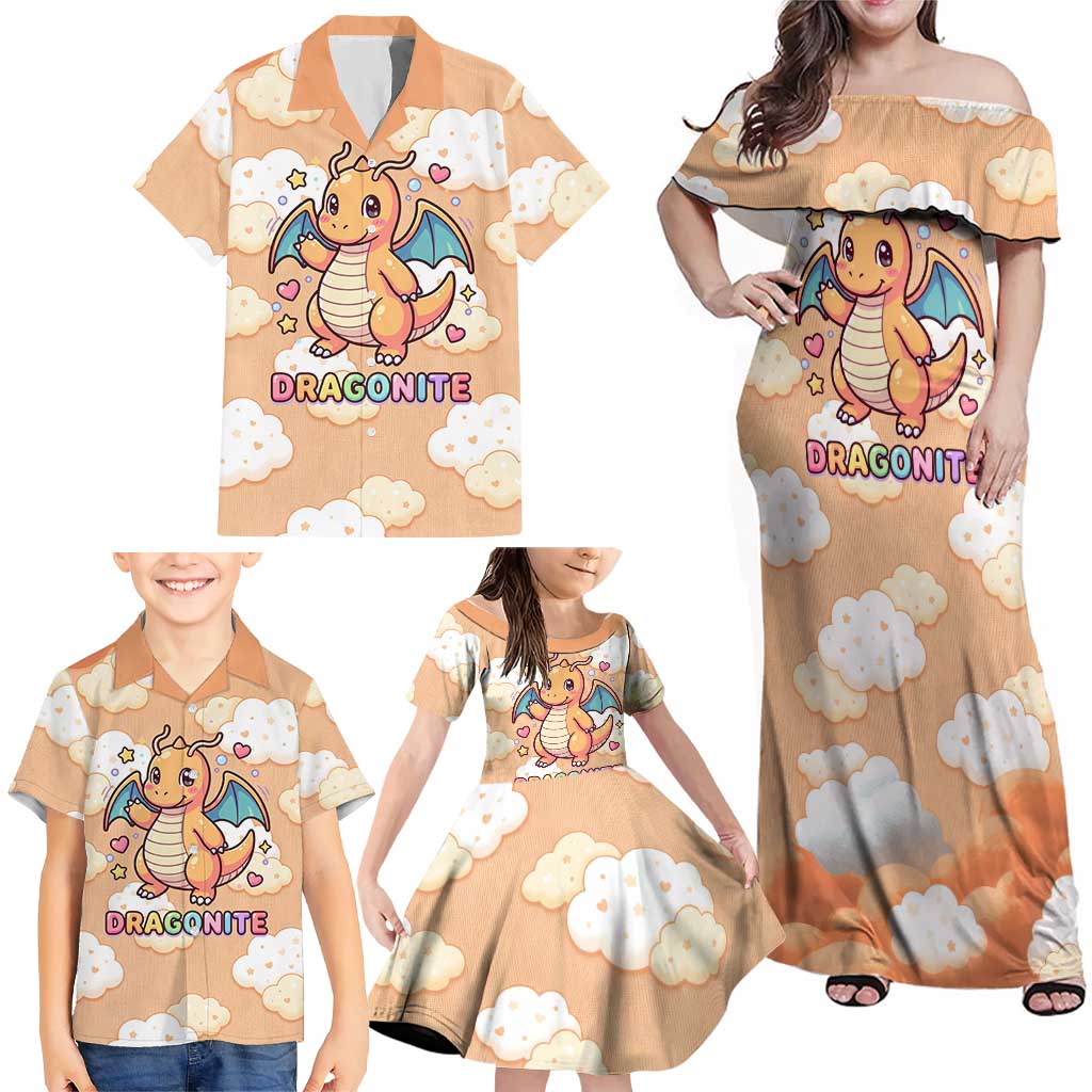 Dragonite Family Matching Off Shoulder Maxi Dress and Hawaiian Shirt Whimsical Pastel Cloud Art