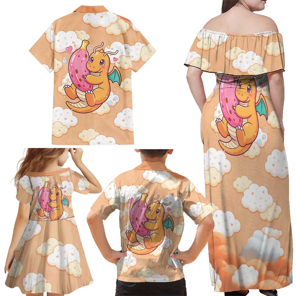 Dragonite Family Matching Off Shoulder Maxi Dress and Hawaiian Shirt Whimsical Pastel Cloud Art