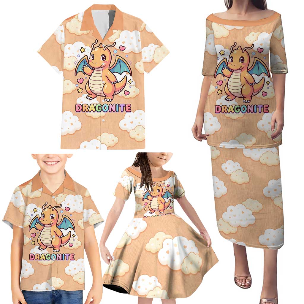 Dragonite Family Matching Puletasi and Hawaiian Shirt Whimsical Pastel Cloud Art