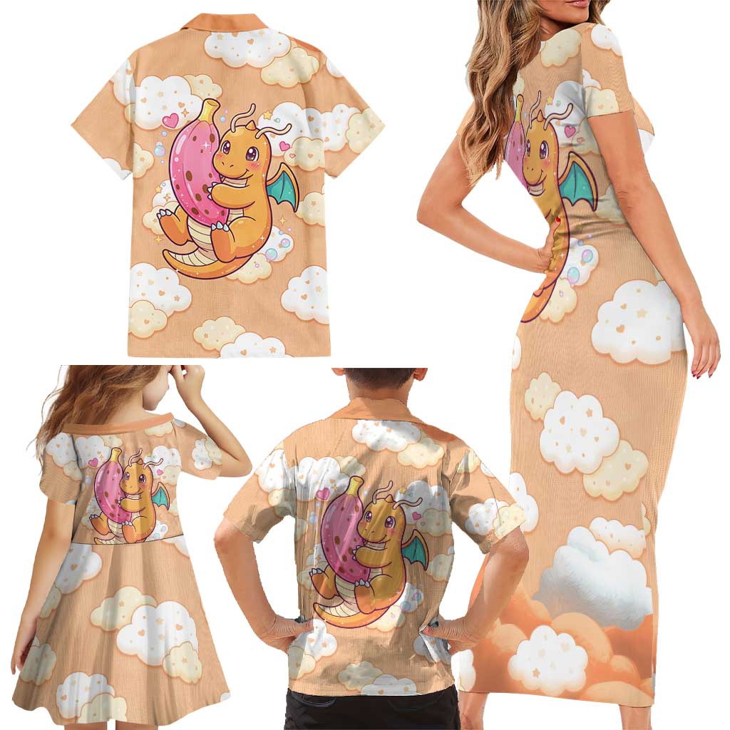 Dragonite Family Matching Short Sleeve Bodycon Dress and Hawaiian Shirt Whimsical Pastel Cloud Art
