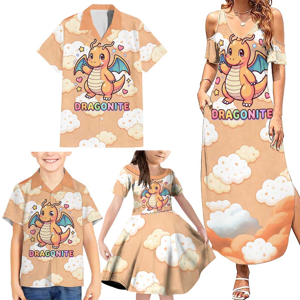 Dragonite Family Matching Summer Maxi Dress and Hawaiian Shirt Whimsical Pastel Cloud Art