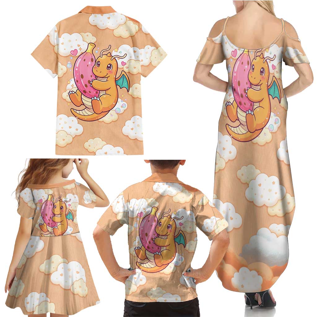 Dragonite Family Matching Summer Maxi Dress and Hawaiian Shirt Whimsical Pastel Cloud Art