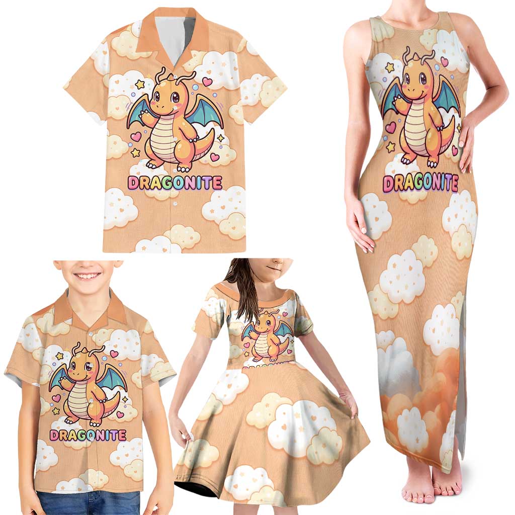 Dragonite Family Matching Tank Maxi Dress and Hawaiian Shirt Whimsical Pastel Cloud Art