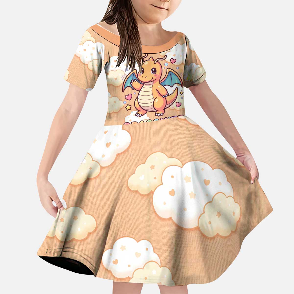 Dragonite Kid Short Sleeve Dress Whimsical Pastel Cloud Art