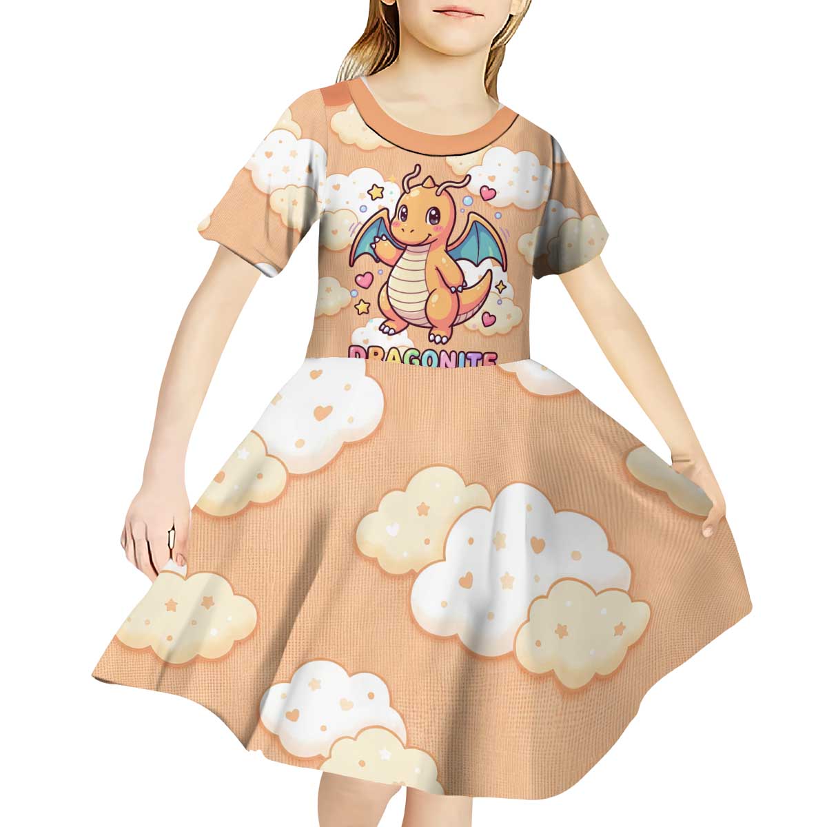 Dragonite Kid Short Sleeve Dress Whimsical Pastel Cloud Art