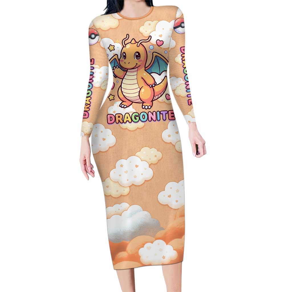 Dragonite Long Sleeve Bodycon Dress Whimsical Pastel Cloud Art