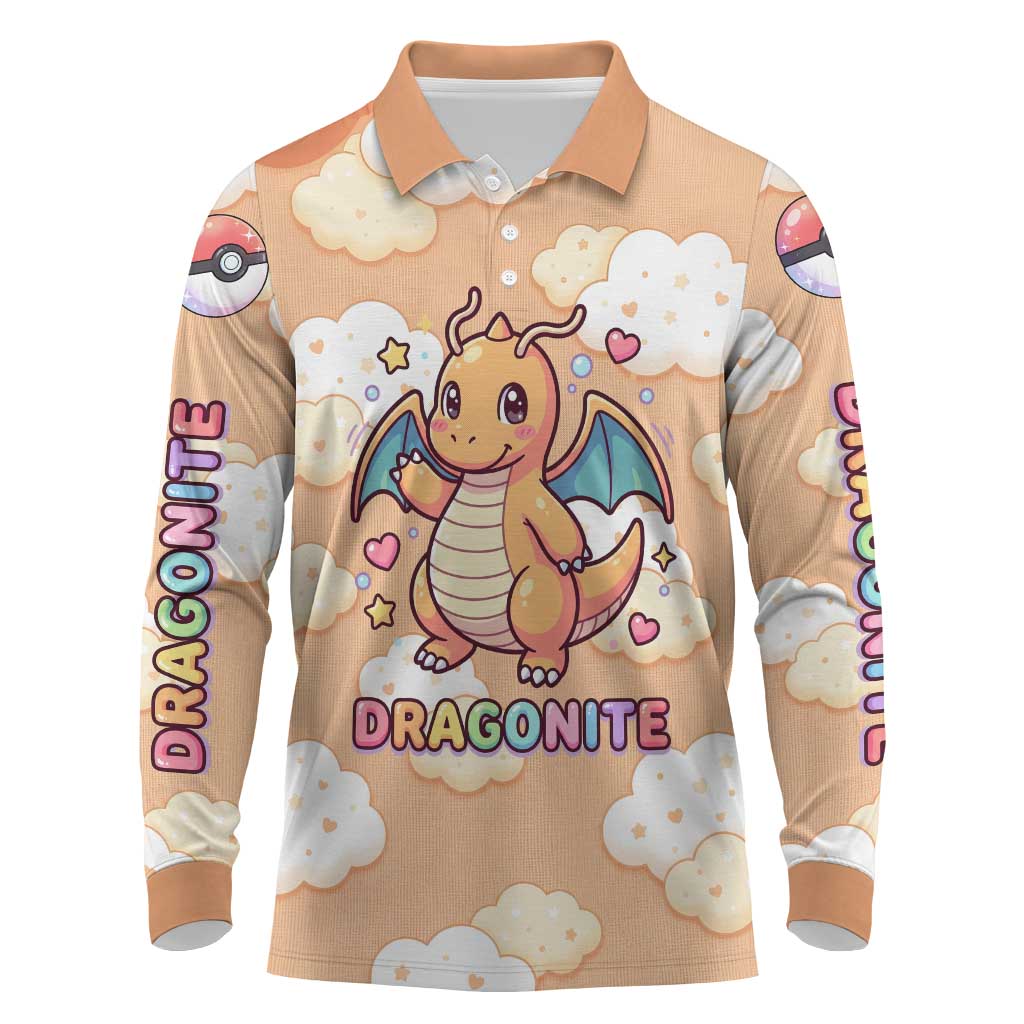 Dragonite Long Sleeve Polo Shirt Whimsical Pastel Cloud Art
