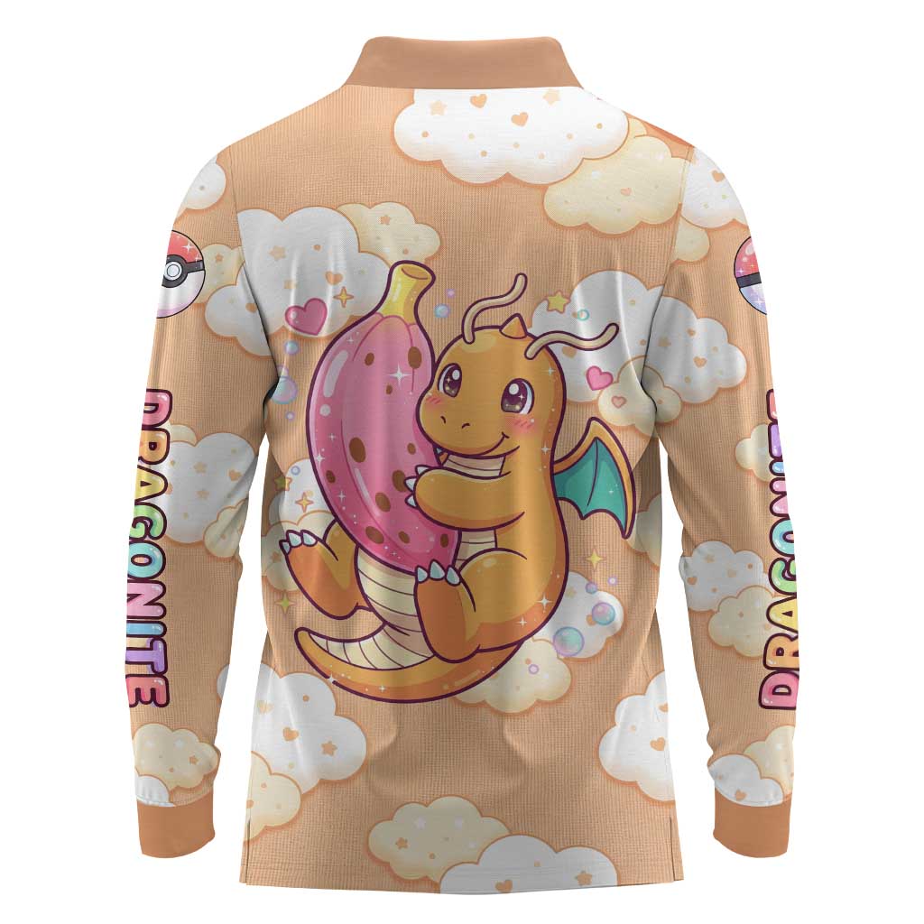 Dragonite Long Sleeve Polo Shirt Whimsical Pastel Cloud Art