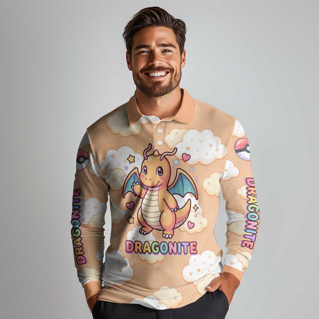 Dragonite Long Sleeve Polo Shirt Whimsical Pastel Cloud Art
