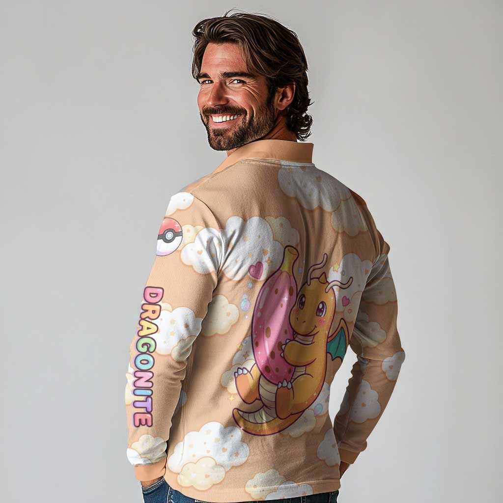 Dragonite Long Sleeve Polo Shirt Whimsical Pastel Cloud Art