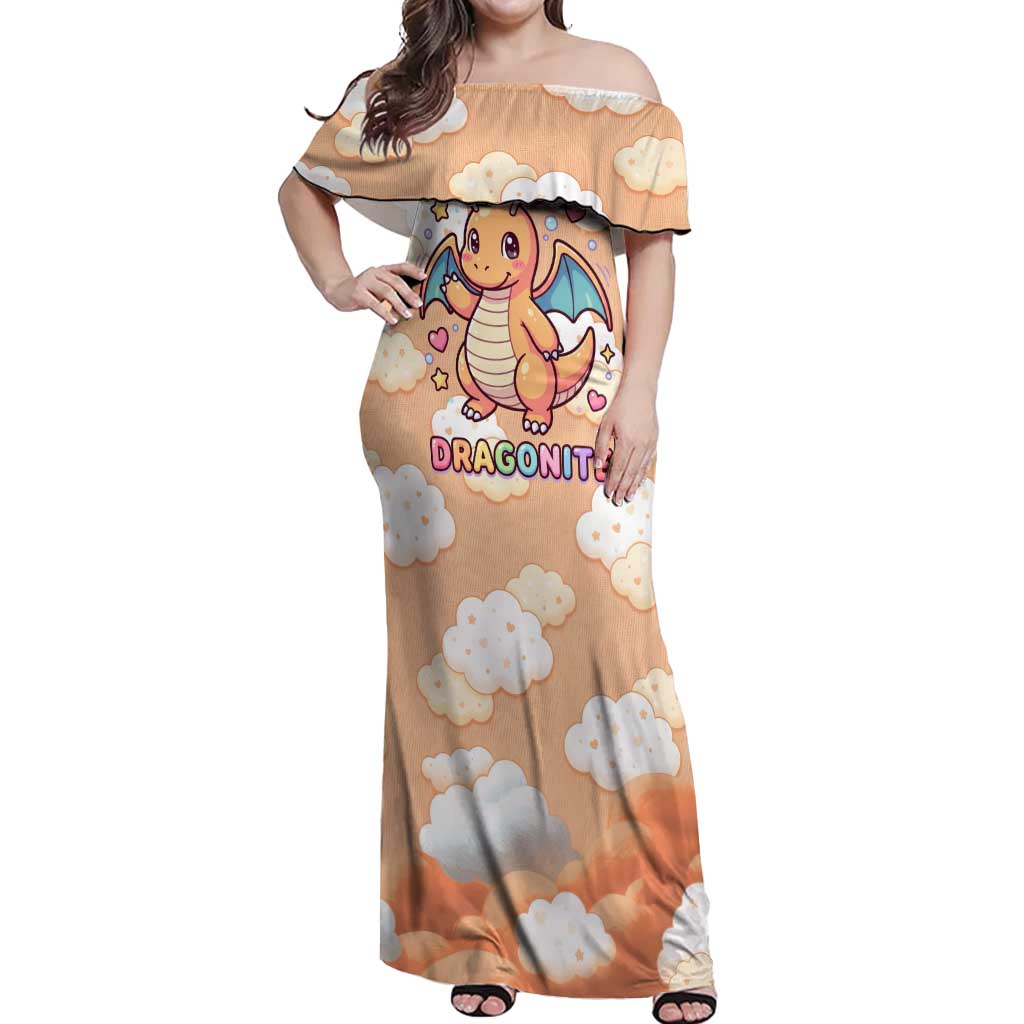 Dragonite Off Shoulder Maxi Dress Whimsical Pastel Cloud Art