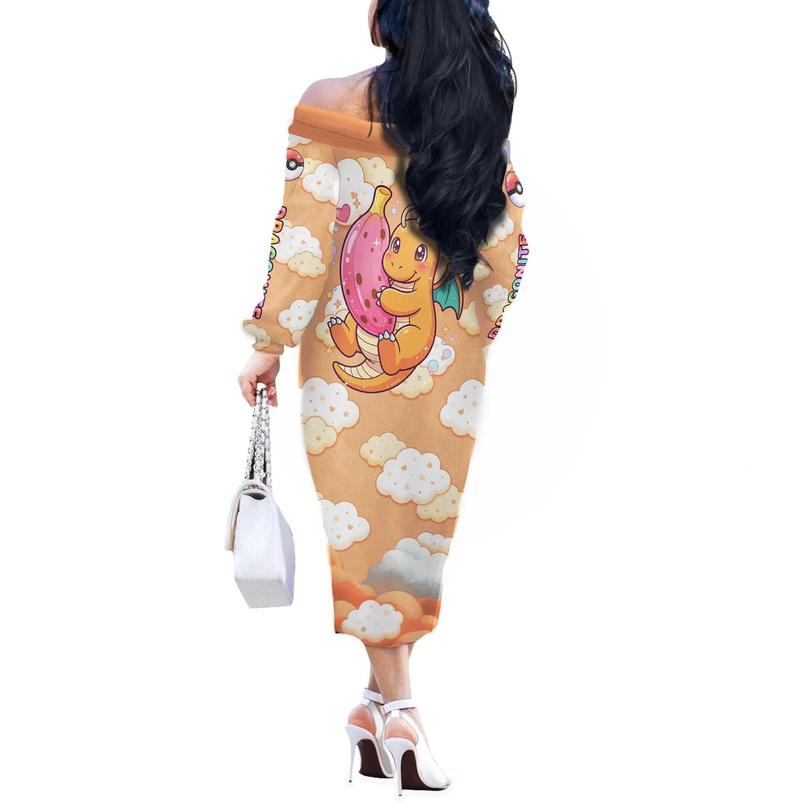 Dragonite Off The Shoulder Long Sleeve Dress Whimsical Pastel Cloud Art