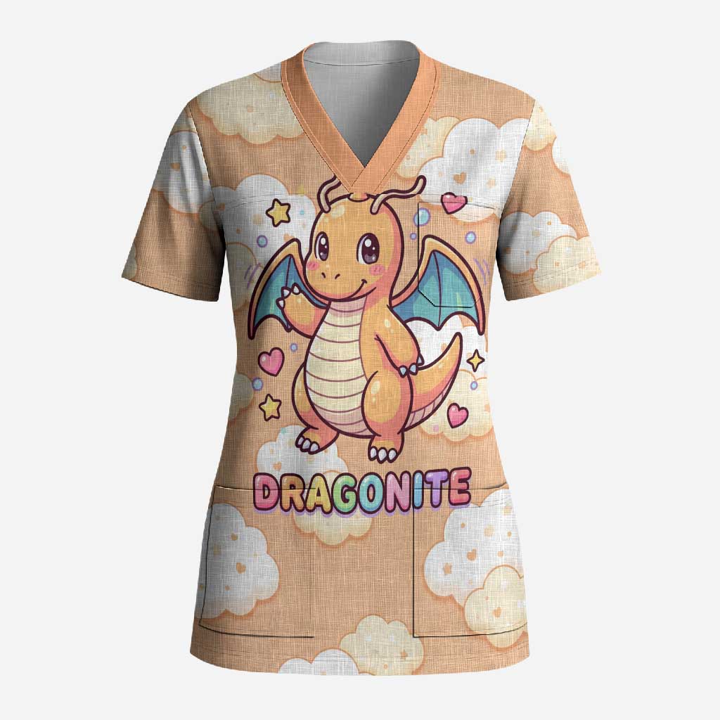 Dragonite Scrub Top Whimsical Pastel Cloud Art