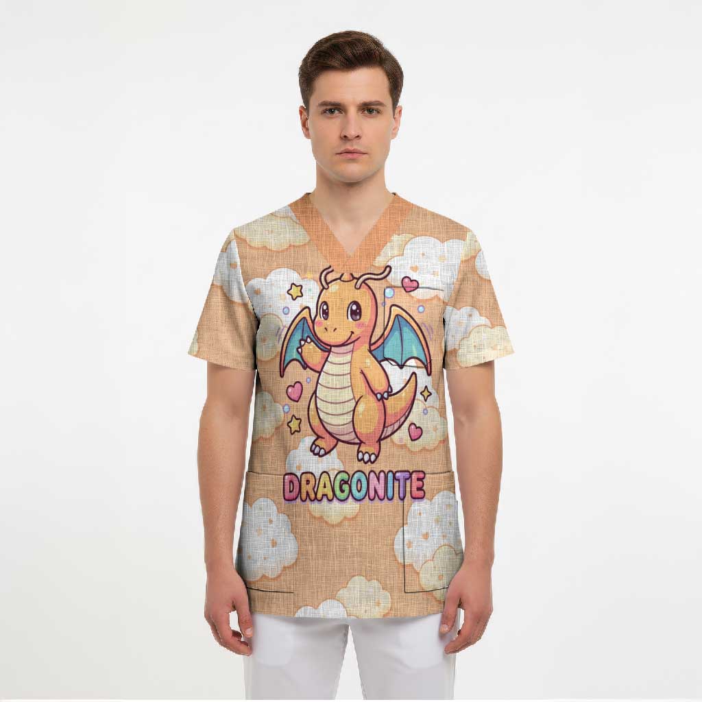Dragonite Scrub Top Whimsical Pastel Cloud Art