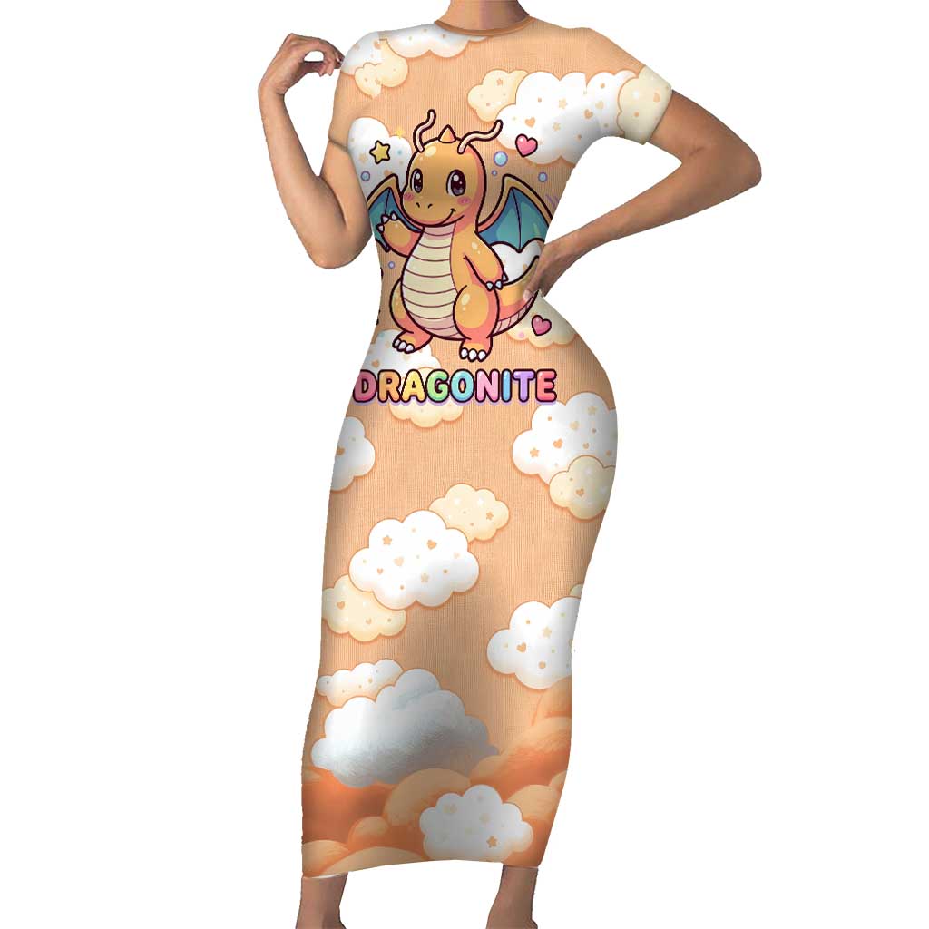 Dragonite Short Sleeve Bodycon Dress Whimsical Pastel Cloud Art