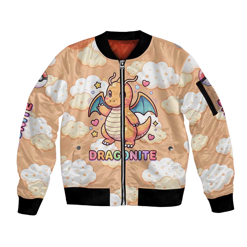 Dragonite Sleeve Zip Bomber Jacket Whimsical Pastel Cloud Art