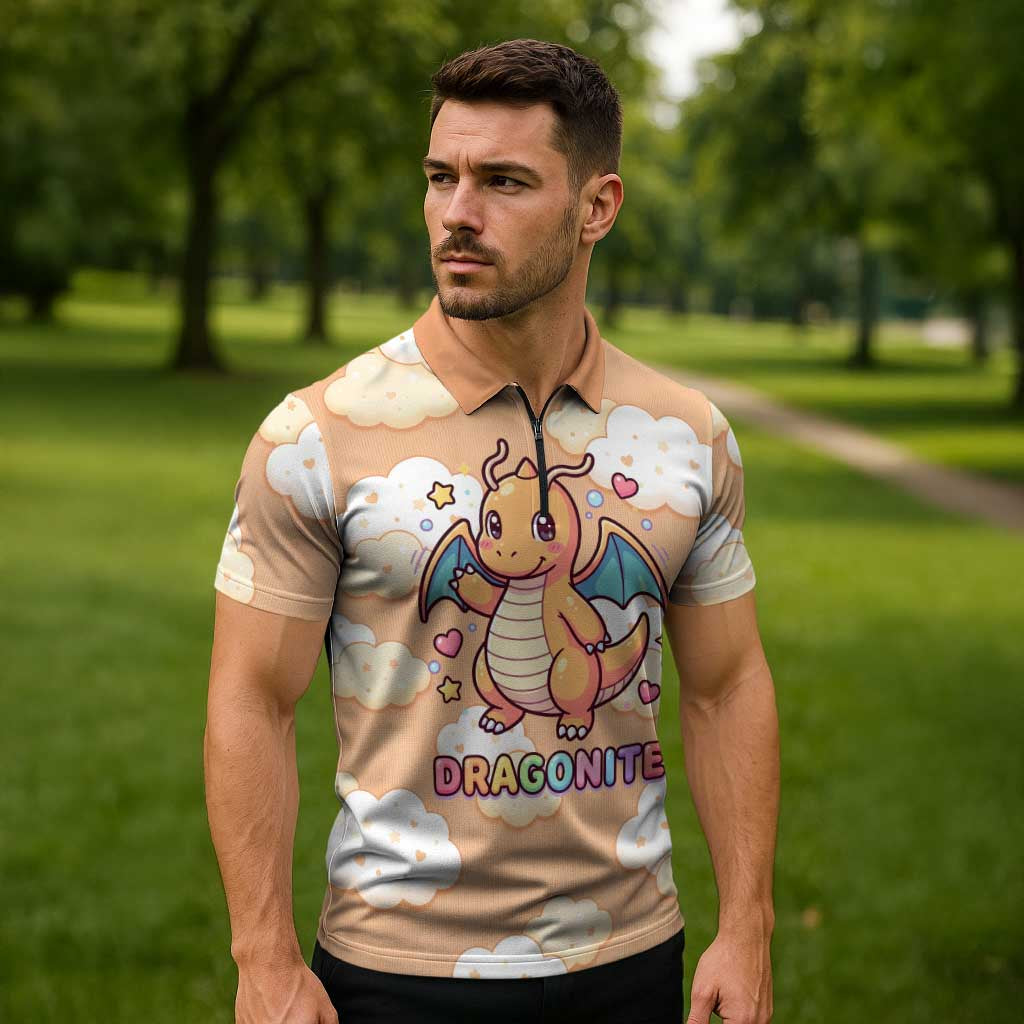 Dragonite Zipper Polo Shirt Whimsical Pastel Cloud Art