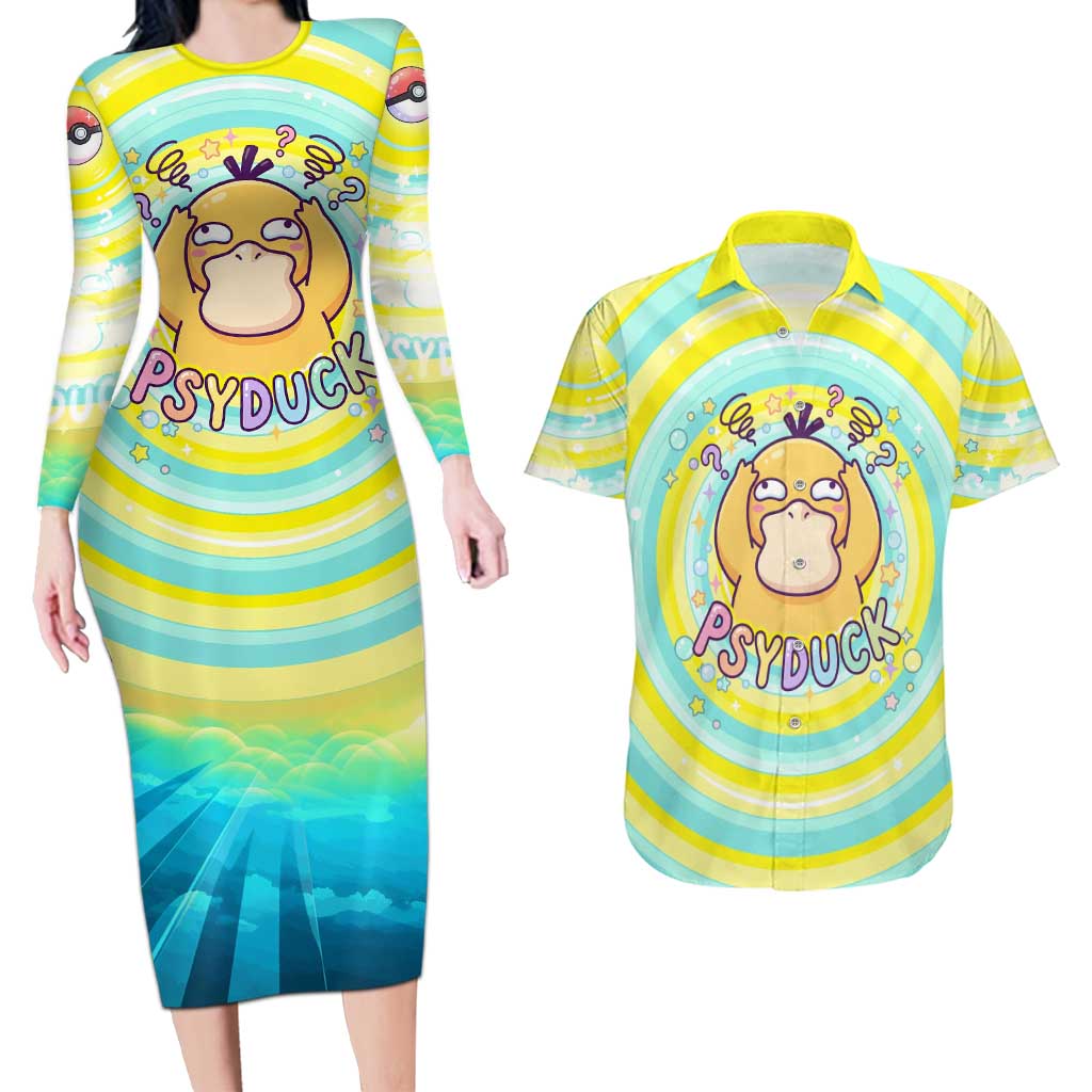 Psyduck Couples Matching Long Sleeve Bodycon Dress and Hawaiian Shirt Vibrant Kawaii Splash Art