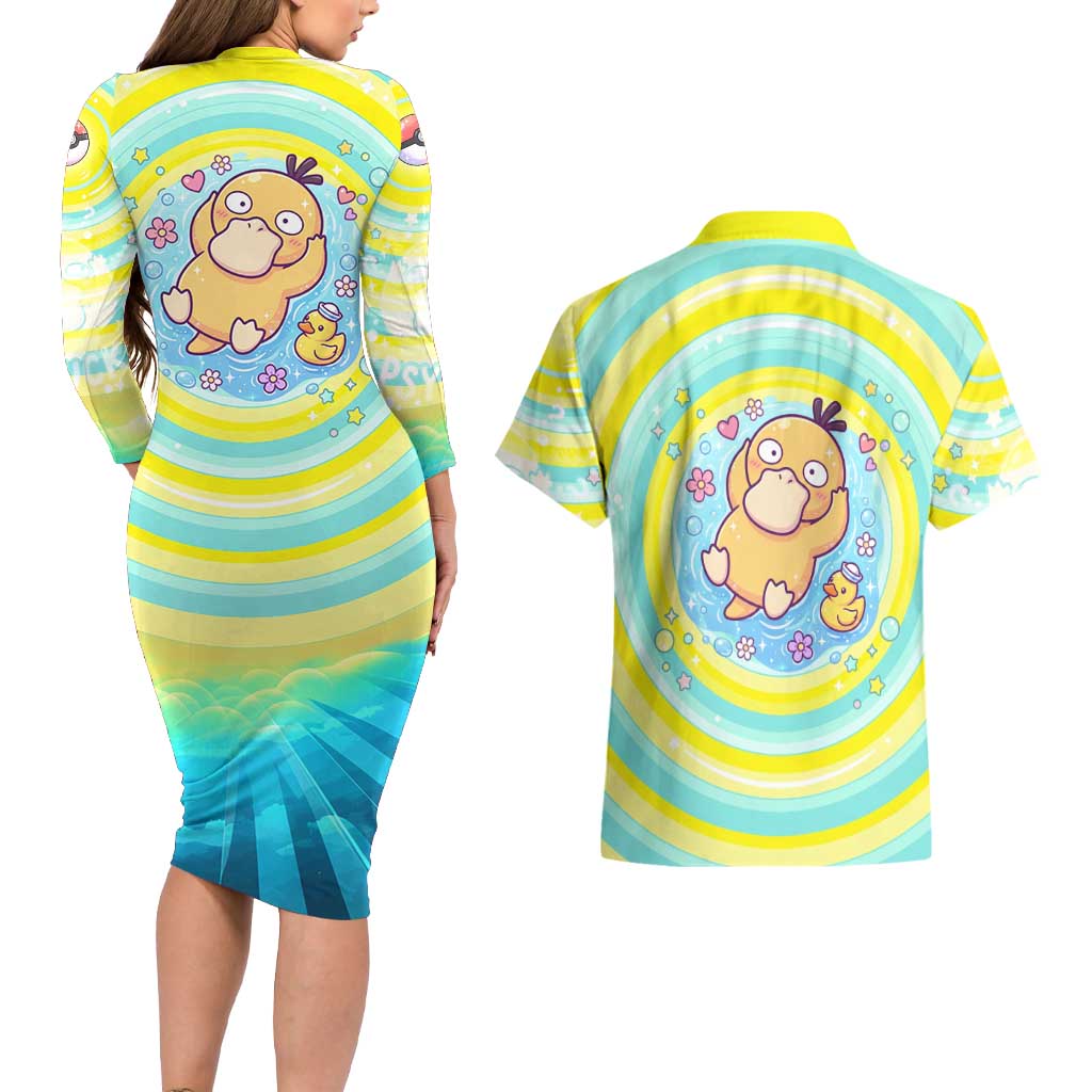 Psyduck Couples Matching Long Sleeve Bodycon Dress and Hawaiian Shirt Vibrant Kawaii Splash Art