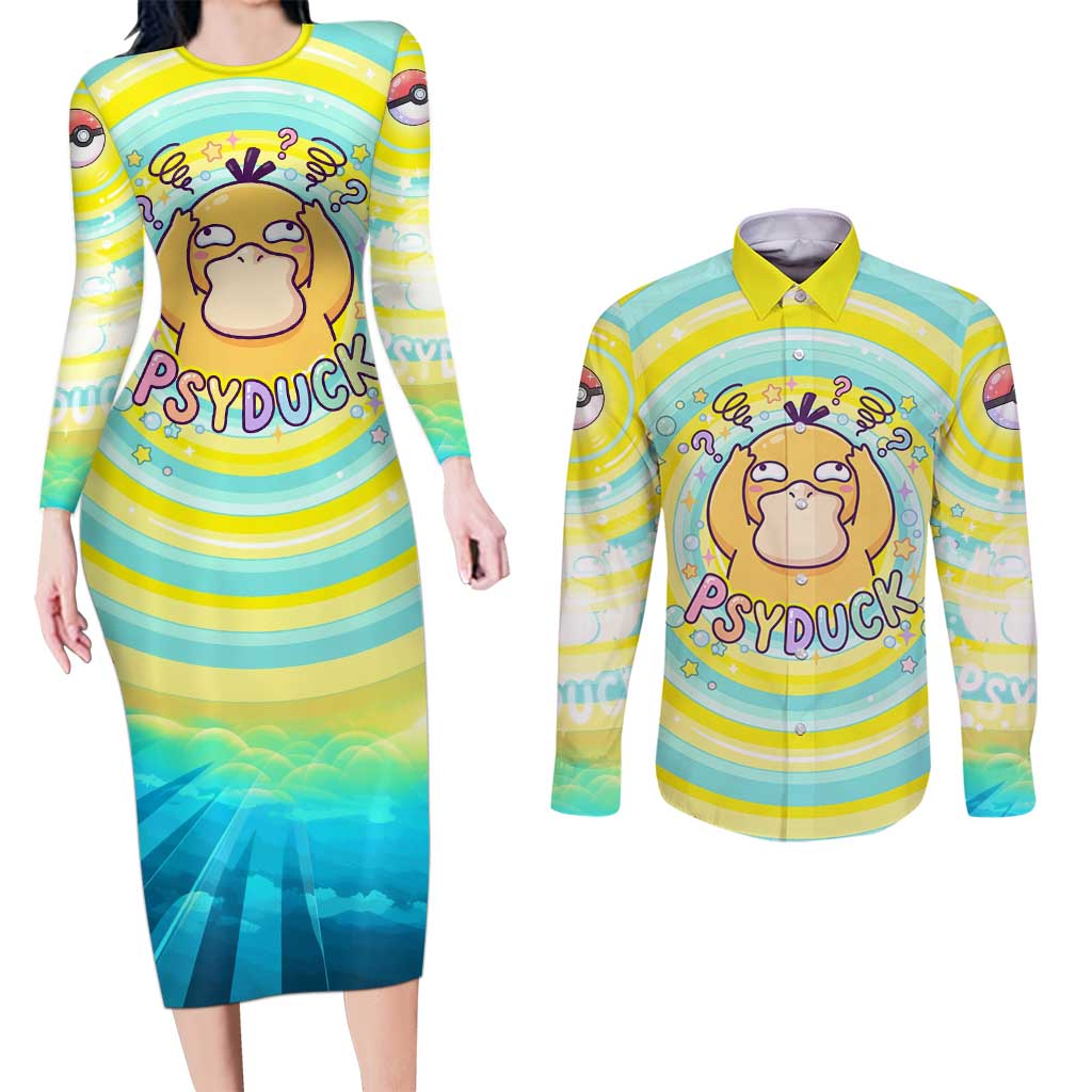 Psyduck Couples Matching Long Sleeve Bodycon Dress and Long Sleeve Button Shirt Vibrant Kawaii Splash Art