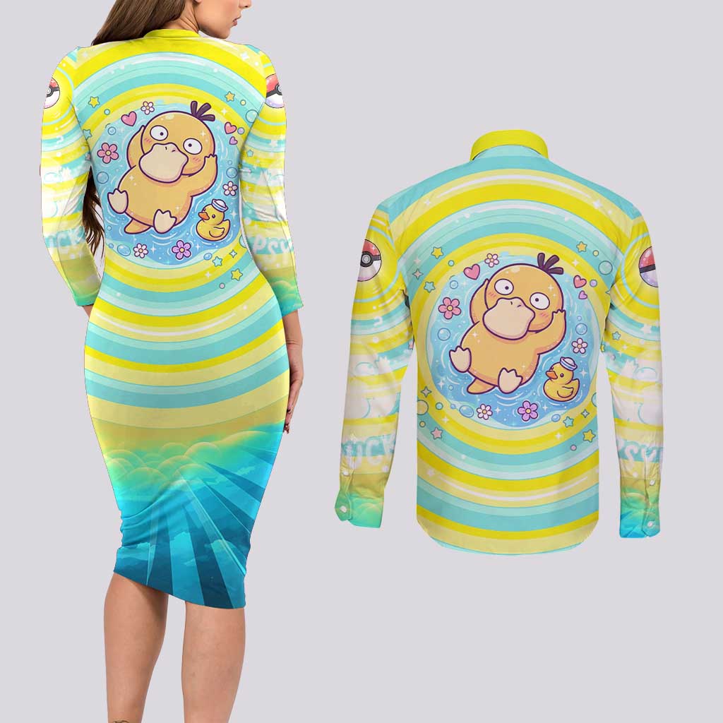 Psyduck Couples Matching Long Sleeve Bodycon Dress and Long Sleeve Button Shirt Vibrant Kawaii Splash Art