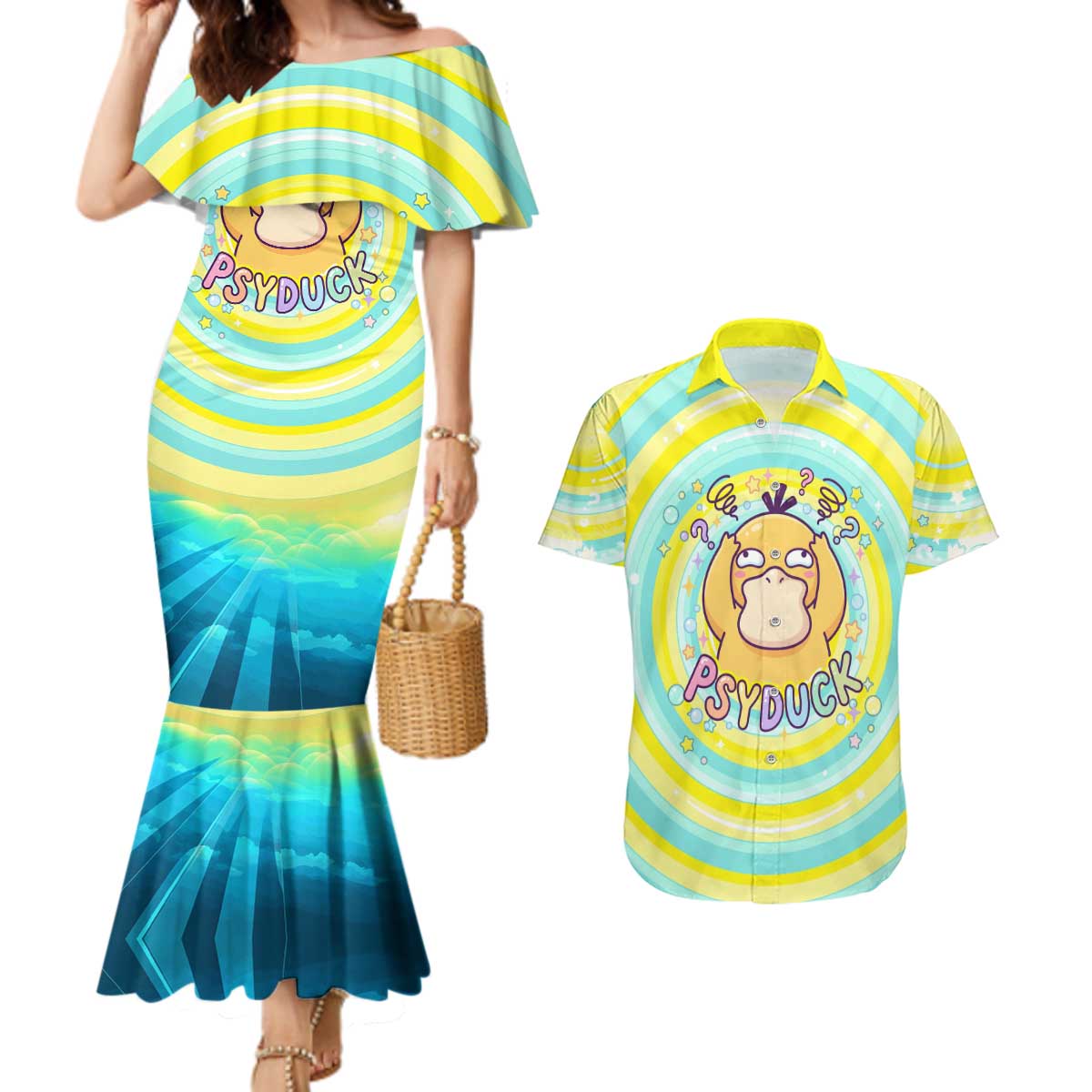 Psyduck Couples Matching Mermaid Dress and Hawaiian Shirt Vibrant Kawaii Splash Art