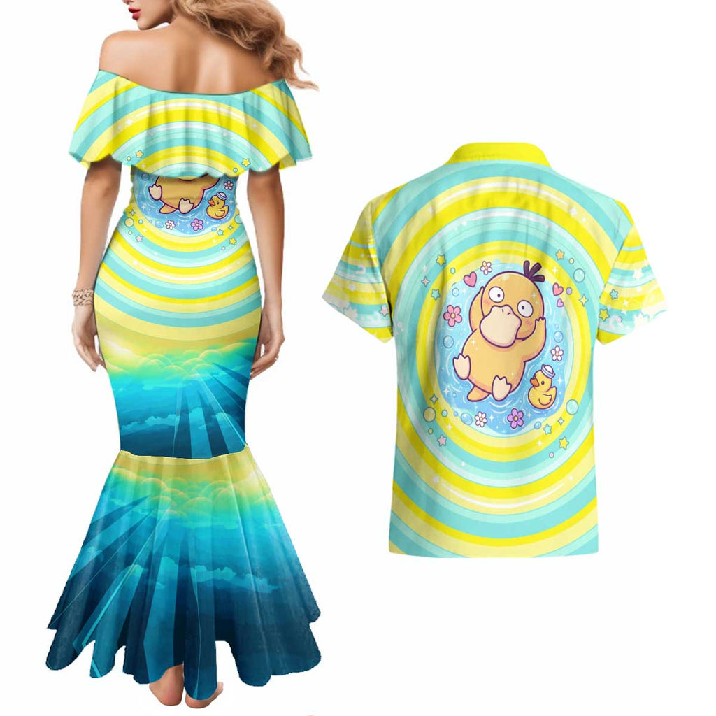 Psyduck Couples Matching Mermaid Dress and Hawaiian Shirt Vibrant Kawaii Splash Art