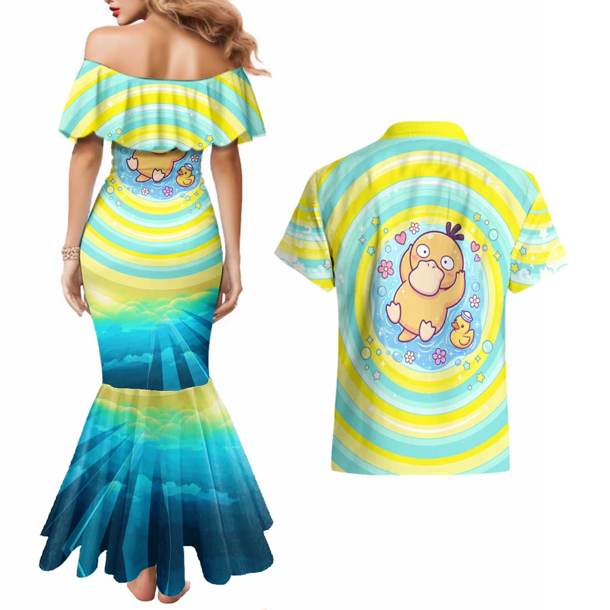 Psyduck Couples Matching Mermaid Dress and Hawaiian Shirt Vibrant Kawaii Splash Art