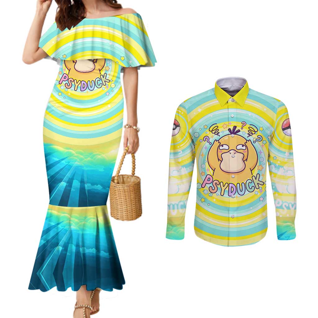 Psyduck Couples Matching Mermaid Dress and Long Sleeve Button Shirt Vibrant Kawaii Splash Art