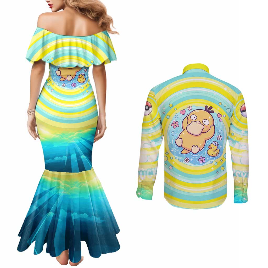 Psyduck Couples Matching Mermaid Dress and Long Sleeve Button Shirt Vibrant Kawaii Splash Art