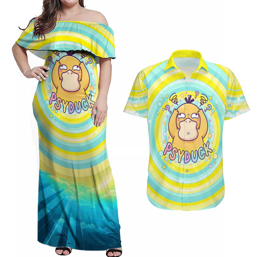Psyduck Couples Matching Off Shoulder Maxi Dress and Hawaiian Shirt Vibrant Kawaii Splash Art