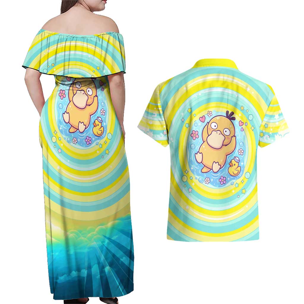 Psyduck Couples Matching Off Shoulder Maxi Dress and Hawaiian Shirt Vibrant Kawaii Splash Art