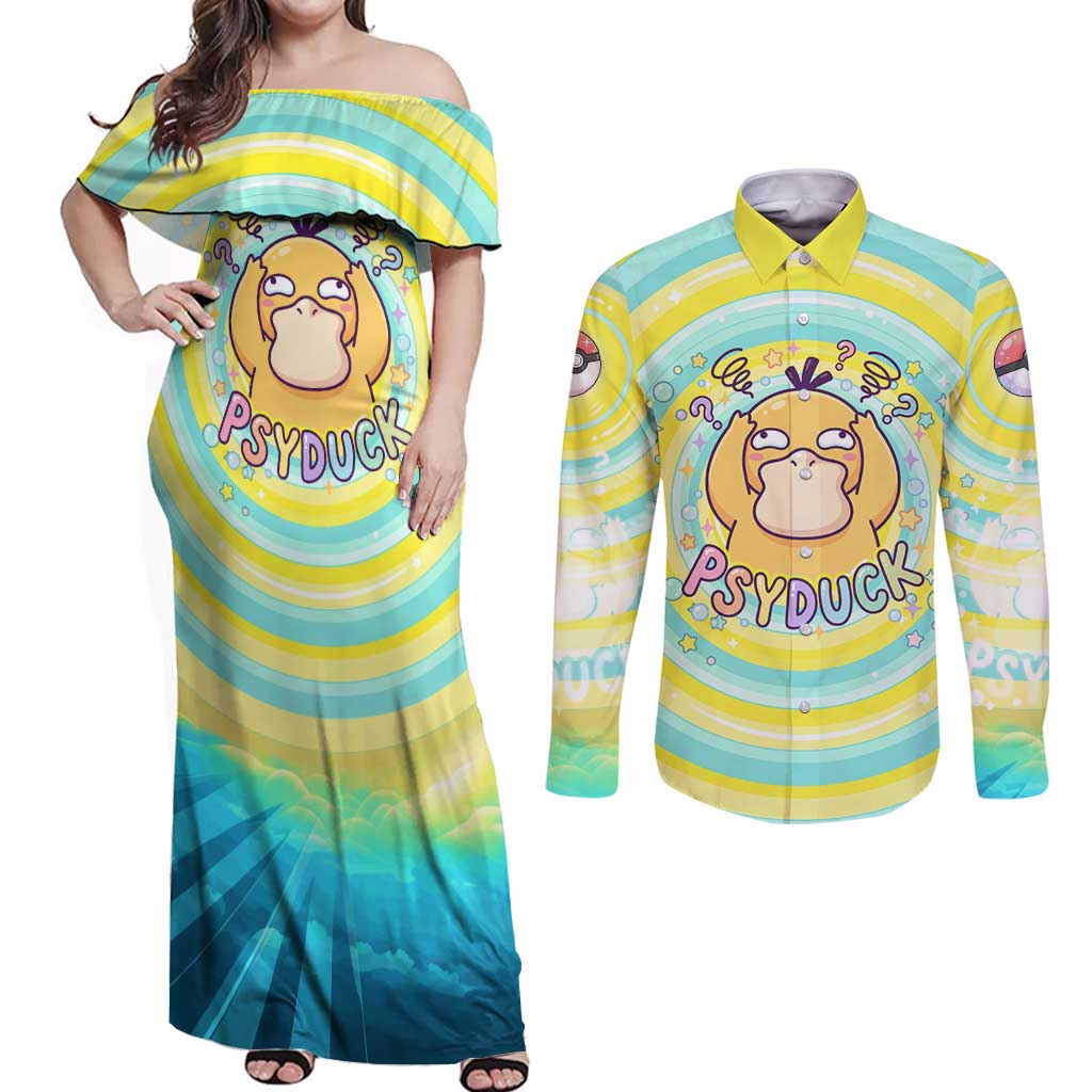 Psyduck Couples Matching Off Shoulder Maxi Dress and Long Sleeve Button Shirt Vibrant Kawaii Splash Art