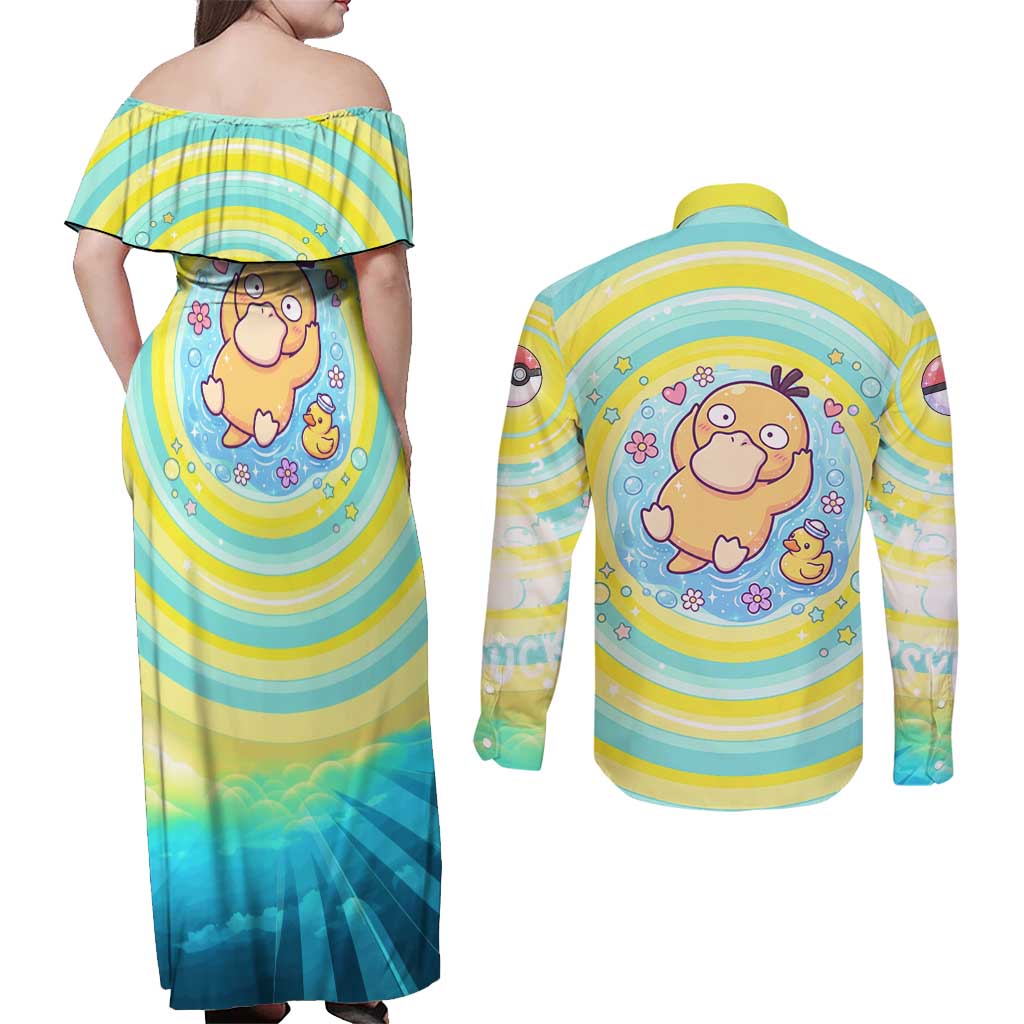 Psyduck Couples Matching Off Shoulder Maxi Dress and Long Sleeve Button Shirt Vibrant Kawaii Splash Art