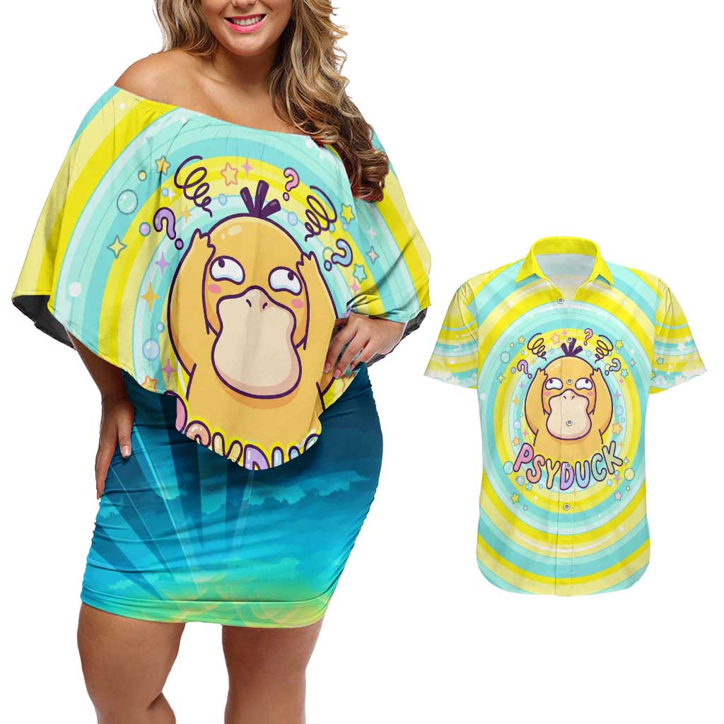 Psyduck Couples Matching Off Shoulder Short Dress and Hawaiian Shirt Vibrant Kawaii Splash Art