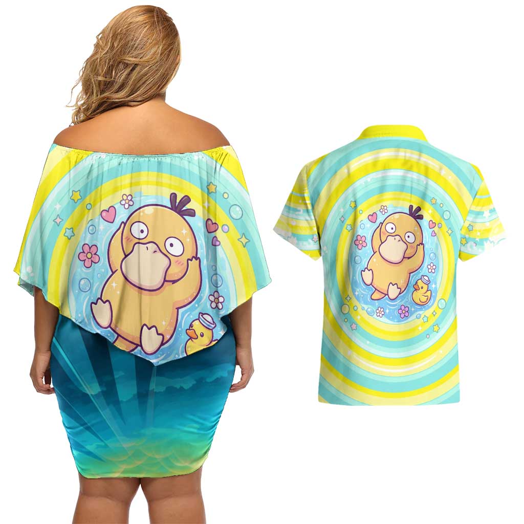 Psyduck Couples Matching Off Shoulder Short Dress and Hawaiian Shirt Vibrant Kawaii Splash Art
