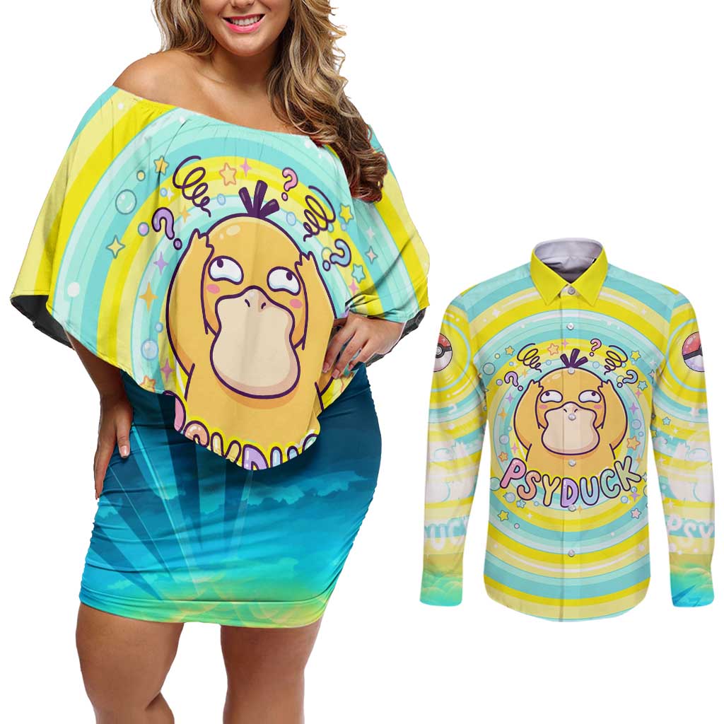 Psyduck Couples Matching Off Shoulder Short Dress and Long Sleeve Button Shirt Vibrant Kawaii Splash Art