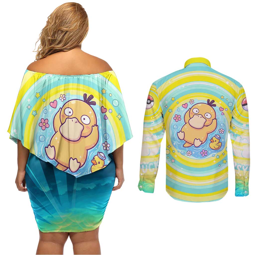 Psyduck Couples Matching Off Shoulder Short Dress and Long Sleeve Button Shirt Vibrant Kawaii Splash Art