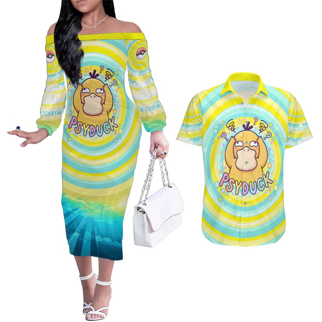 Psyduck Couples Matching Off The Shoulder Long Sleeve Dress and Hawaiian Shirt Vibrant Kawaii Splash Art