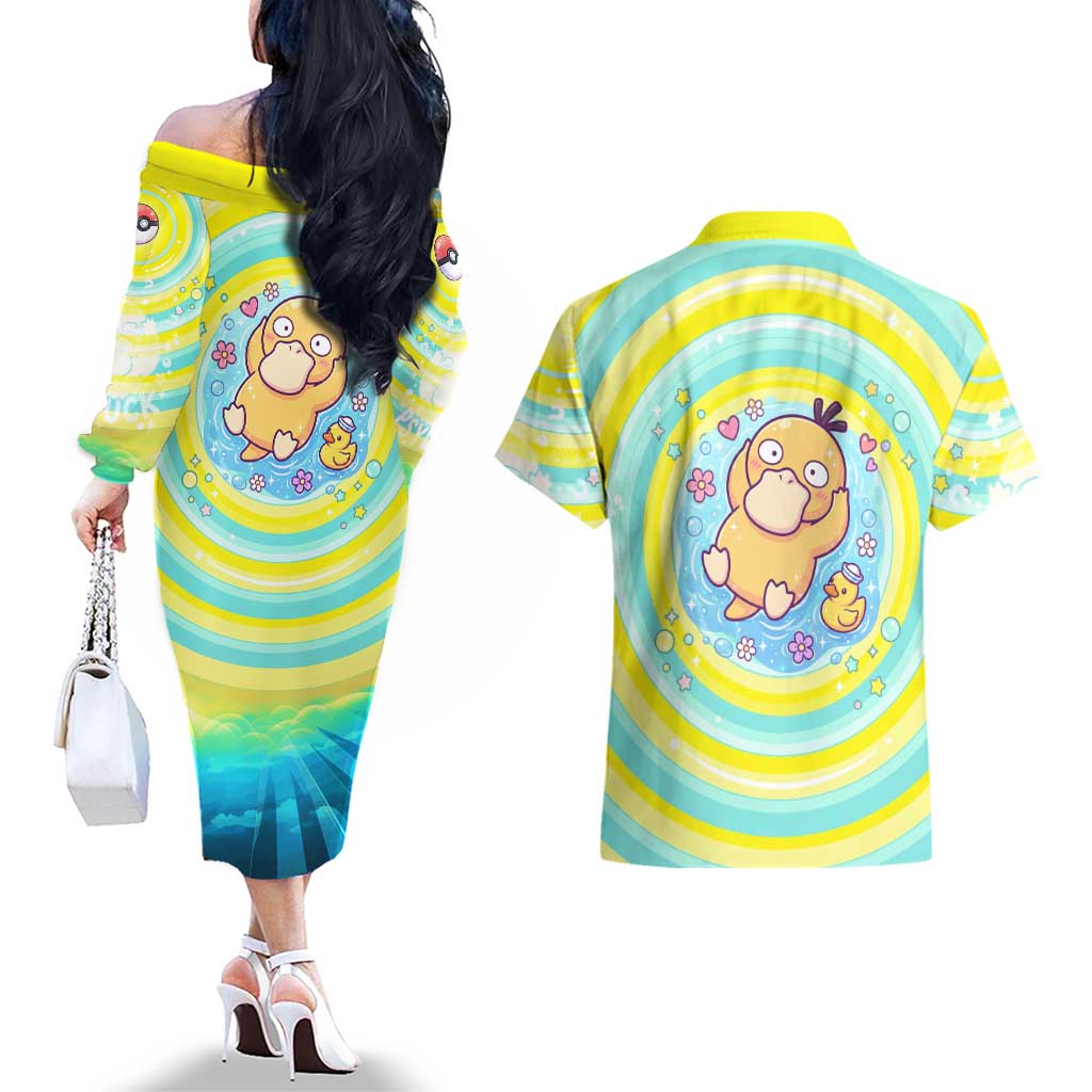 Psyduck Couples Matching Off The Shoulder Long Sleeve Dress and Hawaiian Shirt Vibrant Kawaii Splash Art