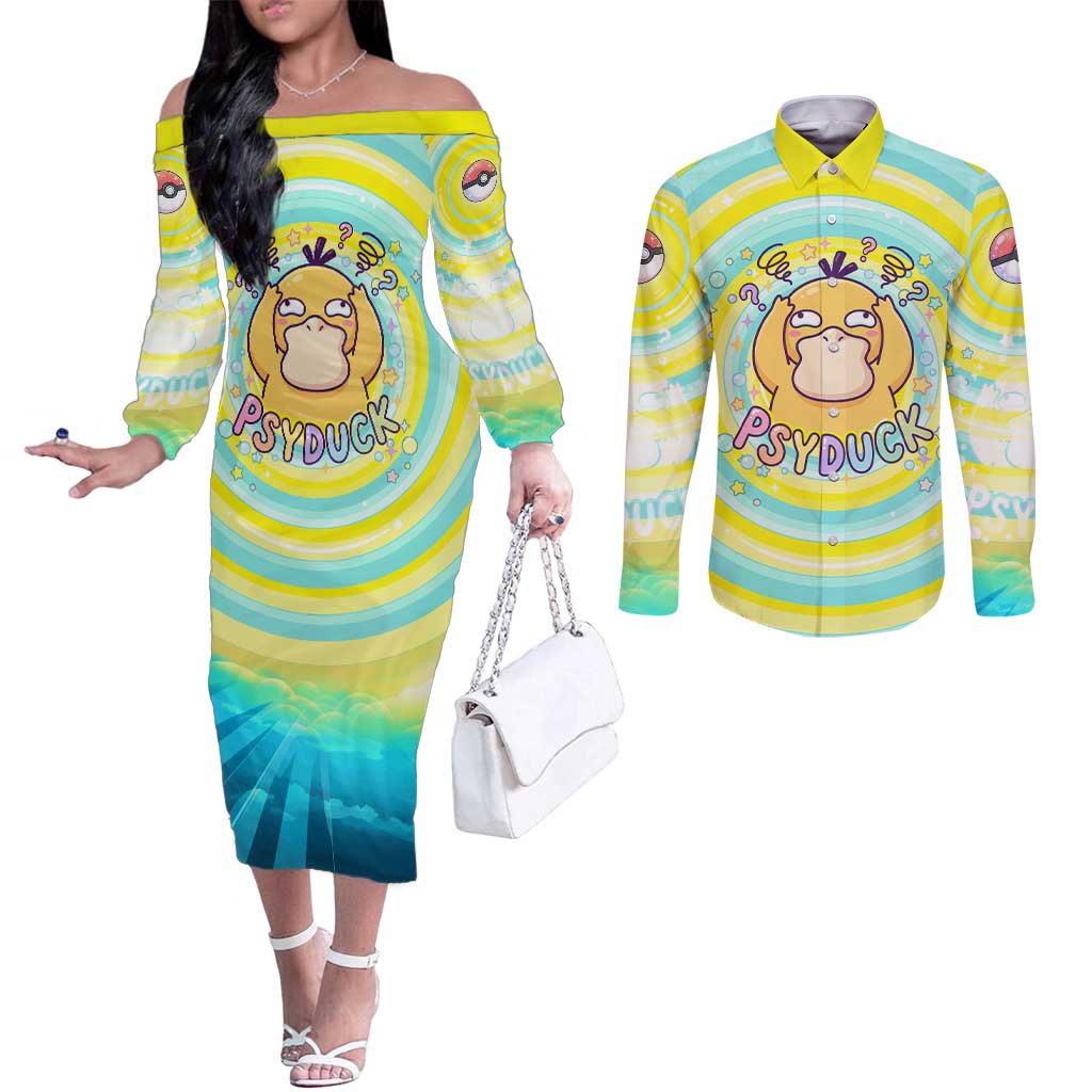 Psyduck Couples Matching Off The Shoulder Long Sleeve Dress and Long Sleeve Button Shirt Vibrant Kawaii Splash Art