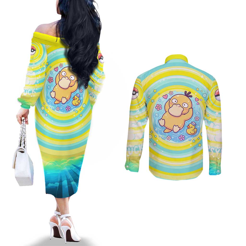Psyduck Couples Matching Off The Shoulder Long Sleeve Dress and Long Sleeve Button Shirt Vibrant Kawaii Splash Art