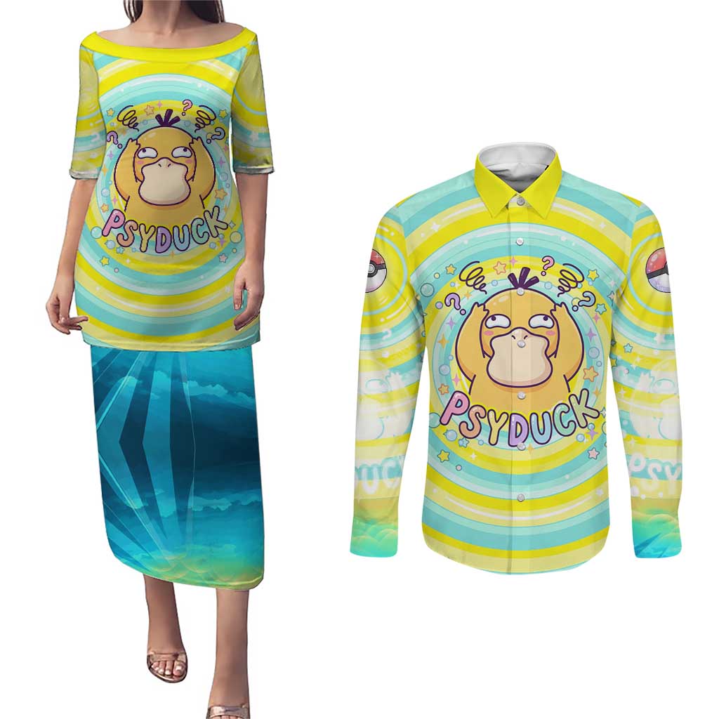 Psyduck Couples Matching Puletasi and Long Sleeve Button Shirt Vibrant Kawaii Splash Art