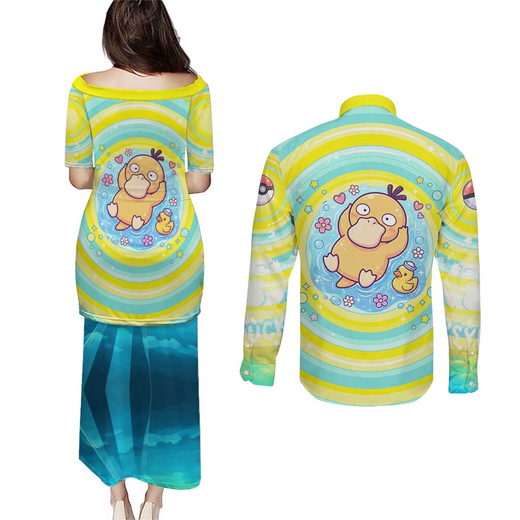 Psyduck Couples Matching Puletasi and Long Sleeve Button Shirt Vibrant Kawaii Splash Art