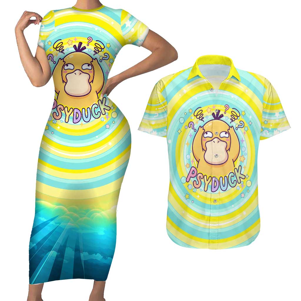 Psyduck Couples Matching Short Sleeve Bodycon Dress and Hawaiian Shirt Vibrant Kawaii Splash Art