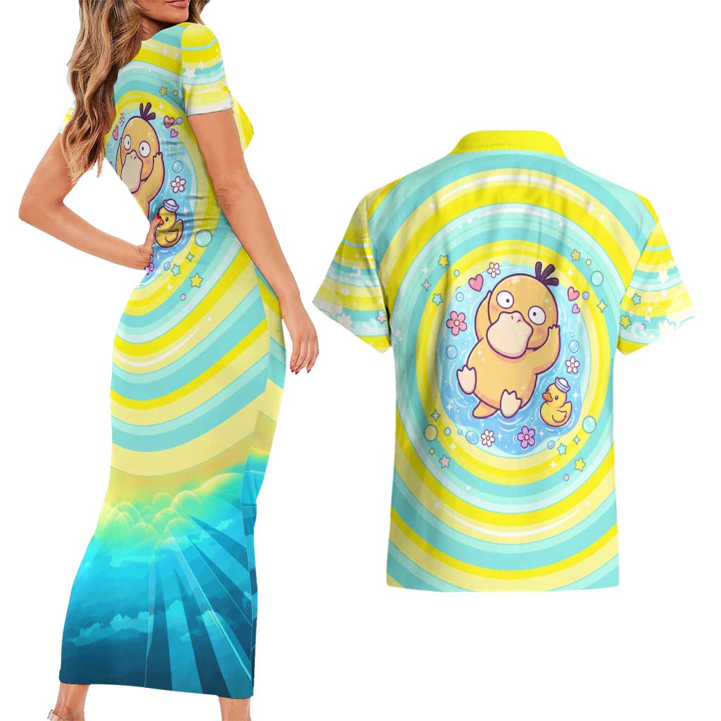 Psyduck Couples Matching Short Sleeve Bodycon Dress and Hawaiian Shirt Vibrant Kawaii Splash Art