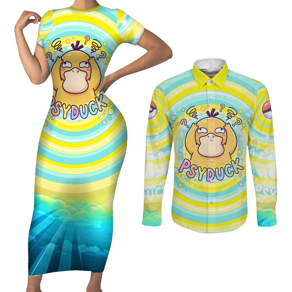 Psyduck Couples Matching Short Sleeve Bodycon Dress and Long Sleeve Button Shirt Vibrant Kawaii Splash Art