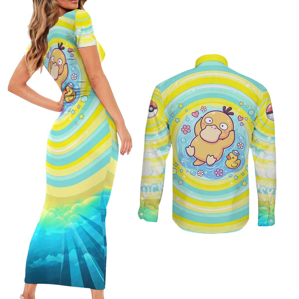 Psyduck Couples Matching Short Sleeve Bodycon Dress and Long Sleeve Button Shirt Vibrant Kawaii Splash Art
