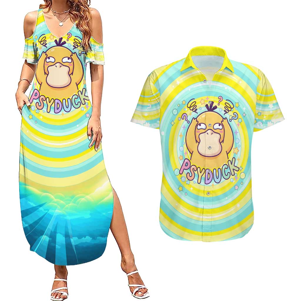 Psyduck Couples Matching Summer Maxi Dress and Hawaiian Shirt Vibrant Kawaii Splash Art